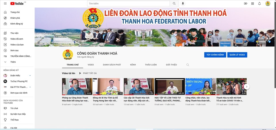 Giao diện trang youtube của LĐLĐ tỉnh Thanh Hoá. Ảnh: X.H