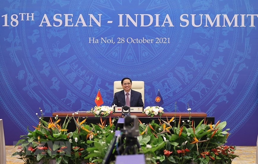 Thủ tướng Phạm Minh Chính dự hội nghị cấp cao ASEAN-Ấn Độ lần thứ 18 theo hình thức trực tuyến tại điểm cầu Hà Nội ngày 28.10. Ảnh: TTXVN