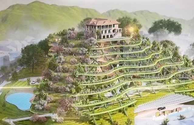 Mô hình phương án 1 cho kiến trúc khu đồi Dinh tỉnh trưởng theo hướng nâng lên 28m và làm tổ hợp khách sạn.