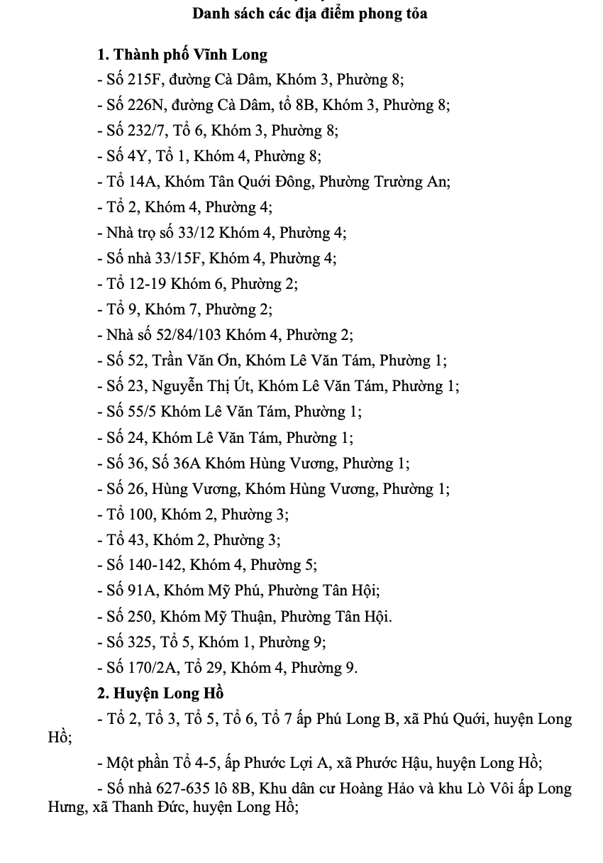 Danh sách các vùng phong tỏa tại Vĩnh Long. Ảnh: CMH