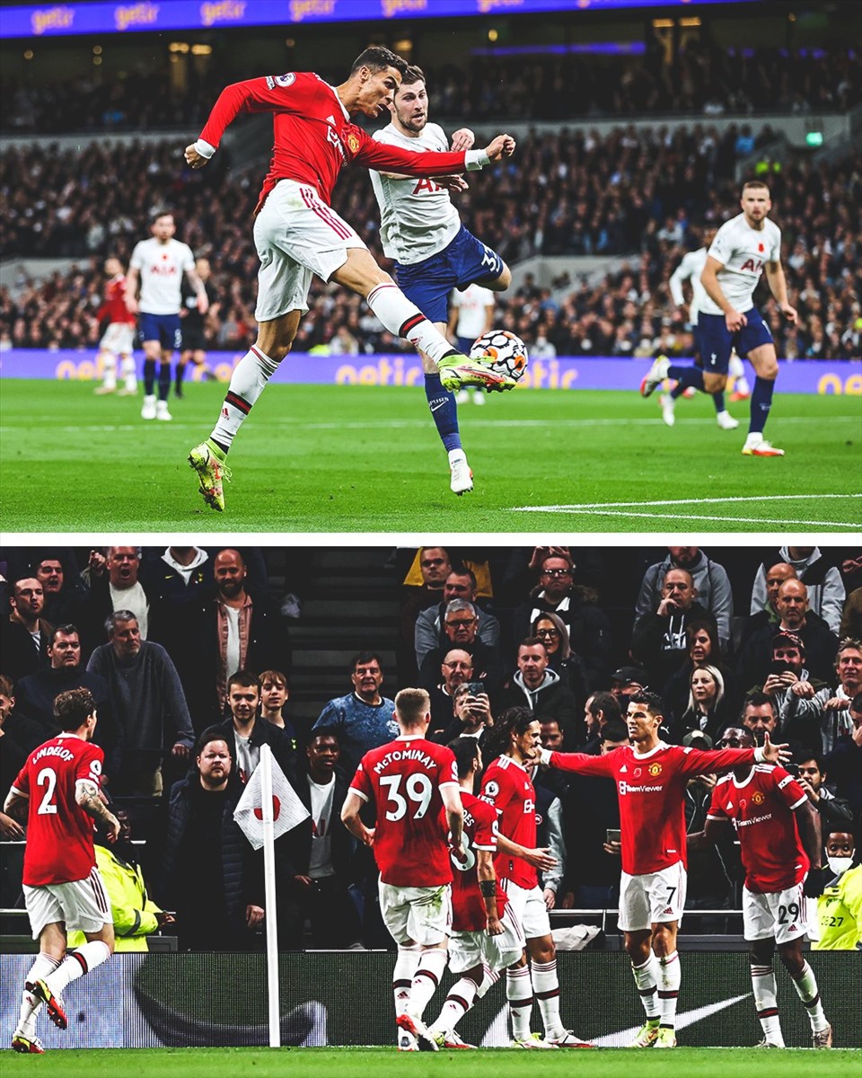 Ronaldo ghi bàn thắng đẹp và kiến tạo cho Edinson Cavani trong trận Man United thắng Tottenham 3-0. Ảnh: Twitter