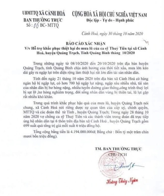 Xã Cảnh Hóa (huyện Quảng Trạch) xác nhận số tiền hỗ trợ của ca sỹ Thủy Tiên.
