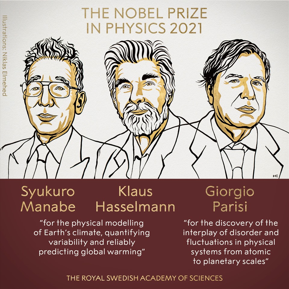 3 nhà khoa học Syukuro Manabe, Klaus Hasselmann và Giorgio Parisi giành giải Nobel Vật lý 2021. Ảnh: Nobel Prize