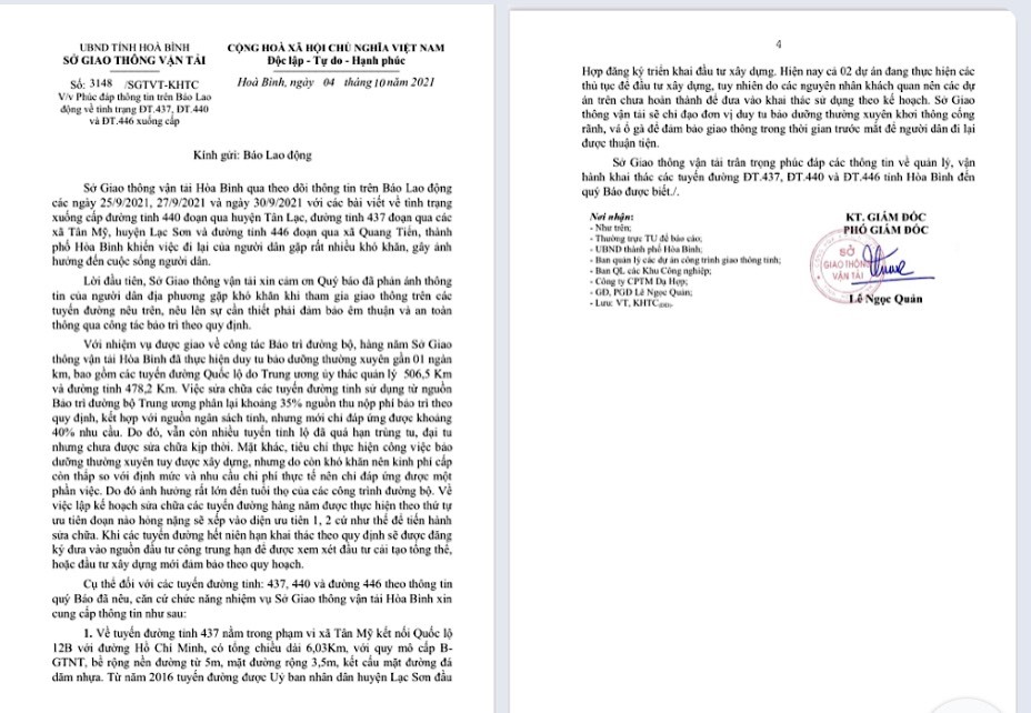 Văn bản cảm ơn và phản hồi của Sở GTVT tỉnh Hòa Bình gửi Báo Lao Động.