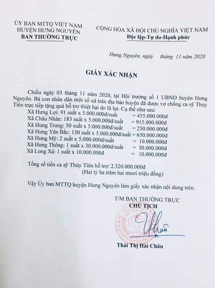 Chủ tịch Ủy ban Mặt trận tổ quốc Việt Nam huyện Hưng Nguyên xác nhận số tiền Thủy Tiên đã hỗ trợ người dân bị lũ lụt trên địa bàn. Ảnh: Quang Đại