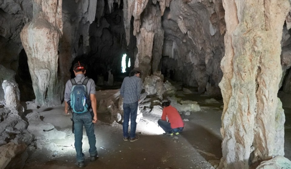 Các nhà khảo cổ đến thăm hang động Leang Panninge trong một cuộc nghiên cứu về đá cổ ở tỉnh Nam Sulawesi, Indonesia, tháng 9.2020. Ảnh chụp màn hình