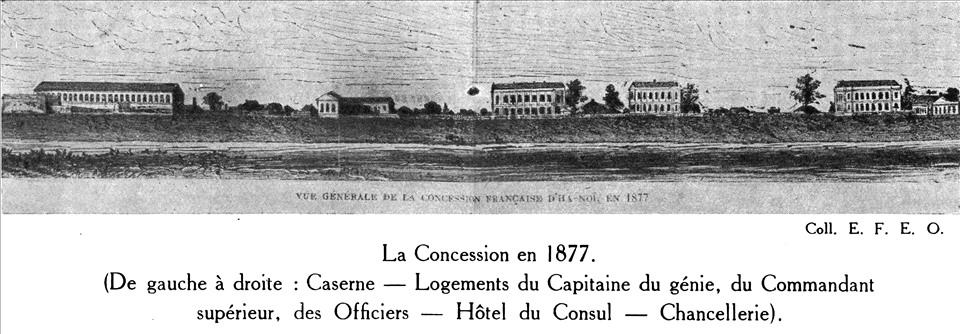 Khu Nhượng địa năm 1877 (từ trái sang phải: Trại lính - Nhà ở của Đại úy công binh, Tổng tư lệnh, sĩ quan - Dinh Lãnh sự - Dinh Chưởng ấn). Nguồn: Trung tâm Lưu trữ quốc gia I