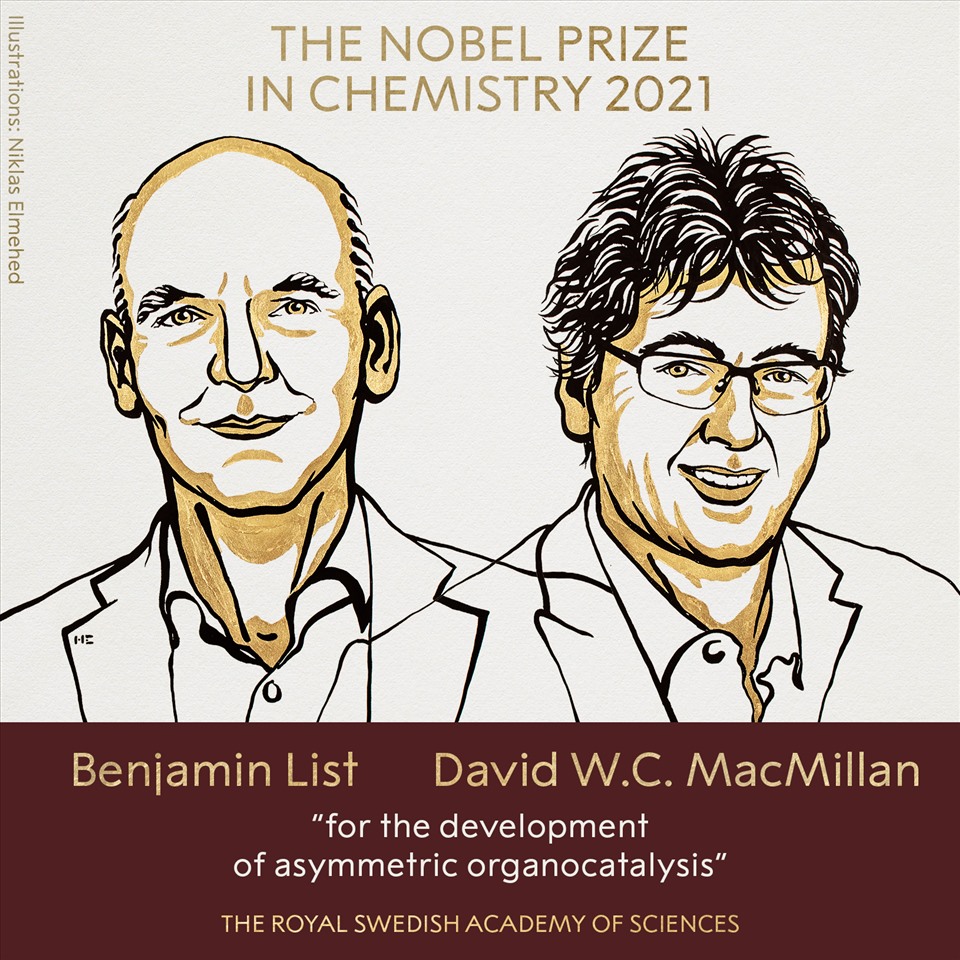 Nhà khoa học Benjamin List của Đức và nhà khoa học David W.C. MacMillan của Mỹ giành giải Nobel Hóa học 2021 “cho việc phát triển xúc tác bất đối xứng (asymmetric organocatalysis)“. Ảnh: Nobel Prize