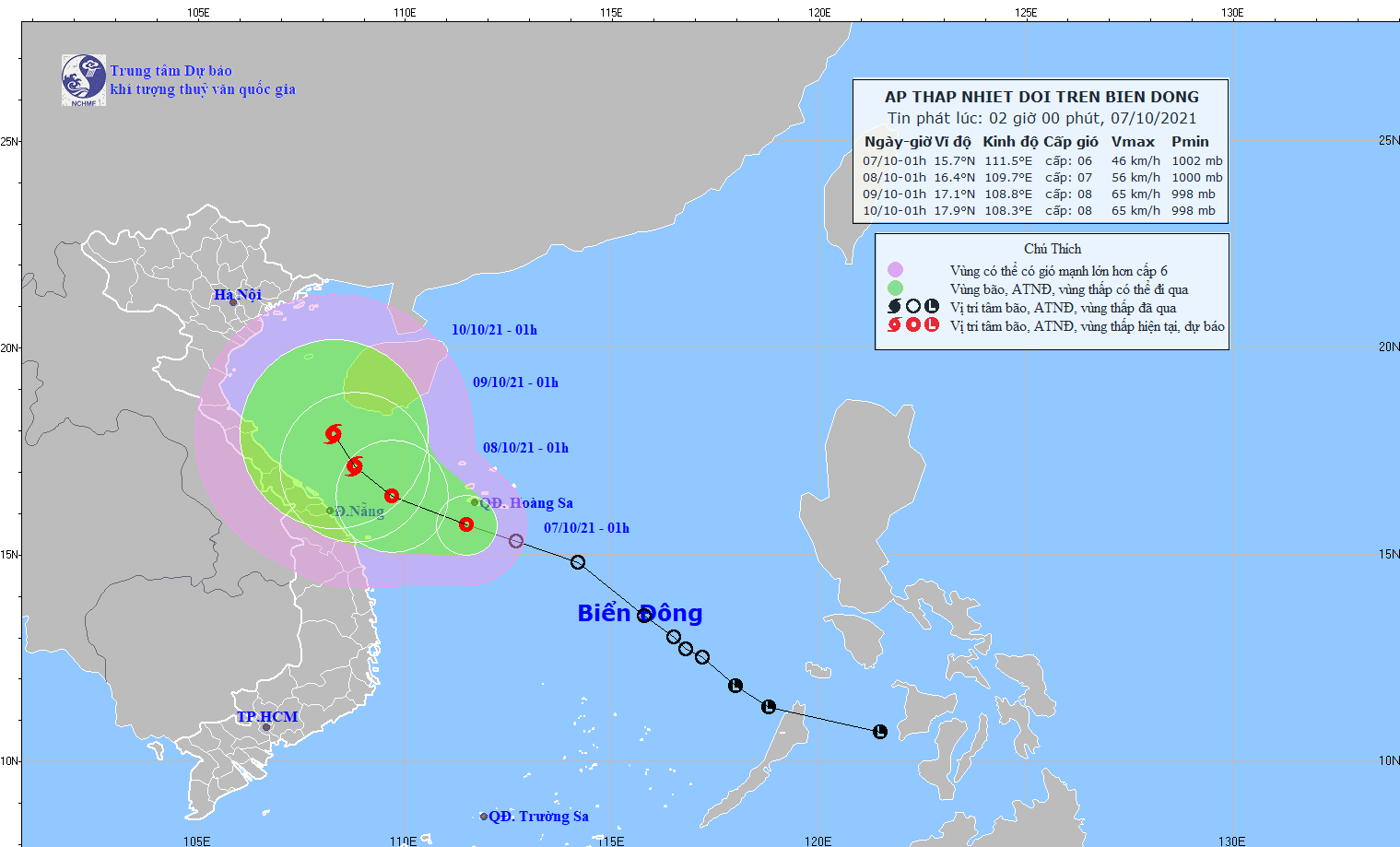 Áp thấp nhiệt đới trên Biển Đông trong bản tin 2h ngày 7.10 của Trung tâm Dự báo Khí tượng Thuỷ văn Quốc gia Việt Nam