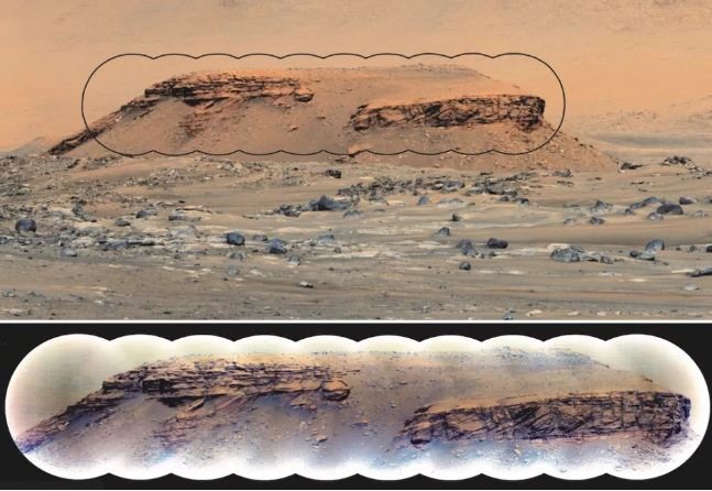 Các lớp đá trầm tích ở Kodiak ở trong miệng núi lửa Jezero của sao Hỏa. Hình ảnh phía trên chụp bằng Mastcam-Z và hình ảnh dưới chụp bằng SuperCam. Ảnh: NASA