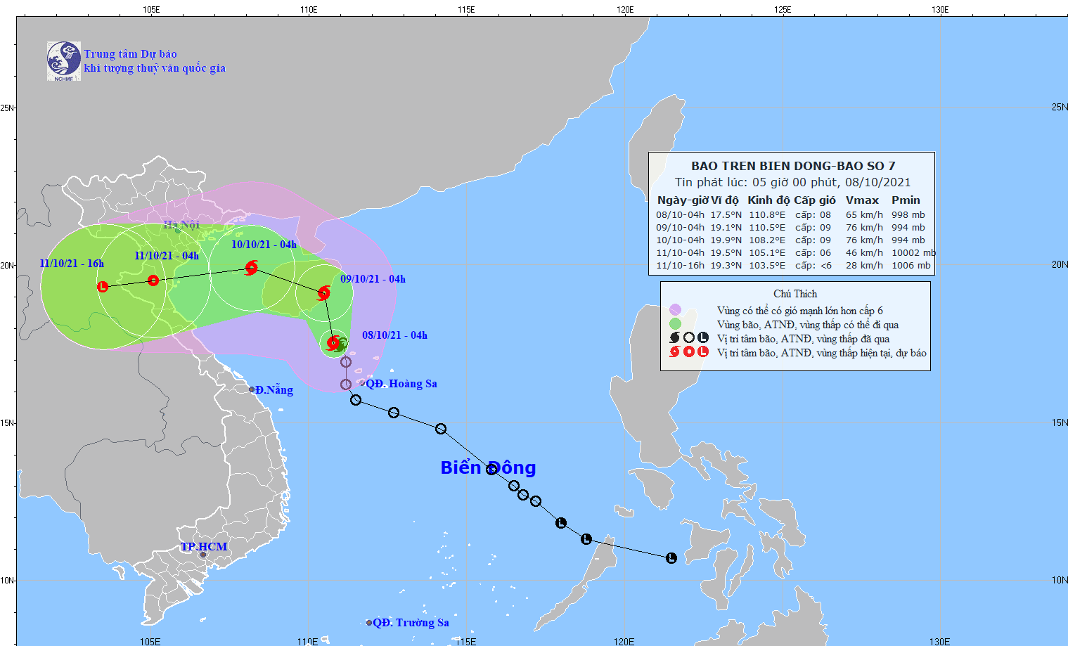 Bão số 7 trên Biển Đông hồi 5 giờ ngày 8.10. Ảnh: Trung tâm Dự báo Khí tượng Thuỷ văn Quốc gia Việt Nam
