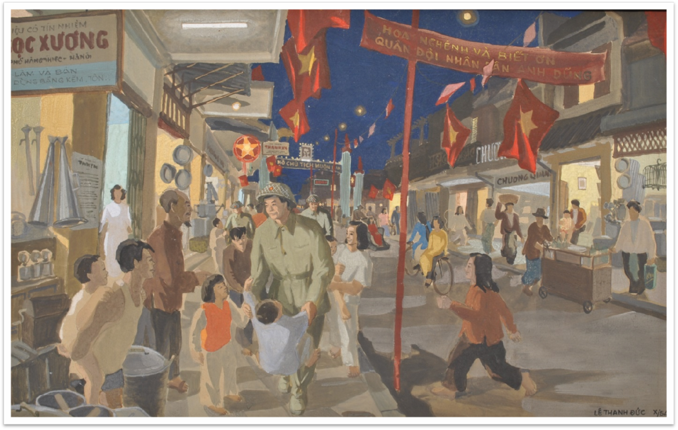 Tác phẩm bột màu “Hà Nội đêm giải phóng” của Lê Thanh Đức năm 1954.