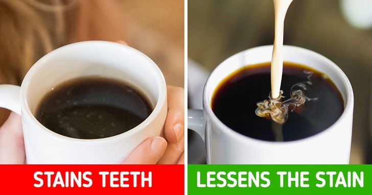 Thói quen 1: Nếu uống cà phê và trà, hãy thêm sữa Để giữ cho hàm răng trắng sáng, trước hết mọi người nên chú ý đến màu của những thực phẩm, đồ uống tiếp xúc với răng. Màu men răng bị tác động rất nhiều bởi đặc tính hóa học của thực phẩm. Thực phẩm có tính axit làm hỏng men răng và thực phẩm có hàm lượng tannin cao, như cà phê hoặc trà làm răng bị ố vàng vì nó làm  thay đổi độ pH trong miệng. Cân bằng độ pH bằng cách ăn một thực phẩm trung tính và giàu canxi sau khi ăn thực phẩm có tính axit. Đổ sữa vào cà phê hoặc trà của bạn bởi một loại protein có trong sữa làm giảm sự đổi màu của răng.