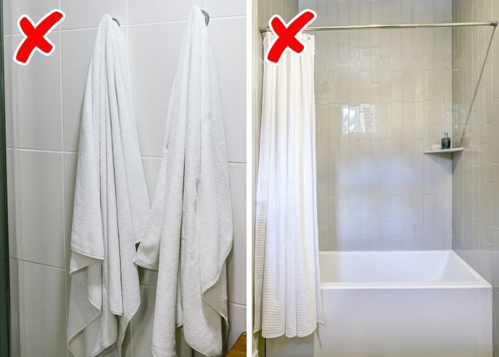 2. Treo khăn ướt trên móc và kéo rèm trong phòng tắm Vi khuẩn có thể dễ dàng sinh sôi trong các nếp gấp ẩm ướt của khăn và nấm mốc có thể phát triển trong các nếp gấp của rèm tắm. Đây là lý do tại sao tốt hơn bạn nên phơi khô khăn tắm và để rèm phòng tắm khô sau đó mới kéo lại.