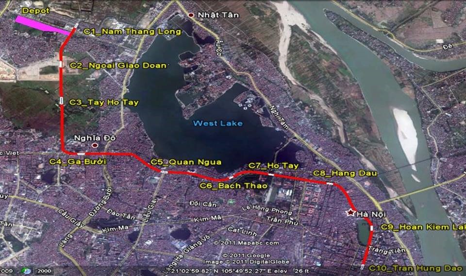 Sơ đồ hướng tuyến đường sắt metro số 2 - đoạn Nam Thăng Long - Trần Hưng Đạo. Ảnh: MRB