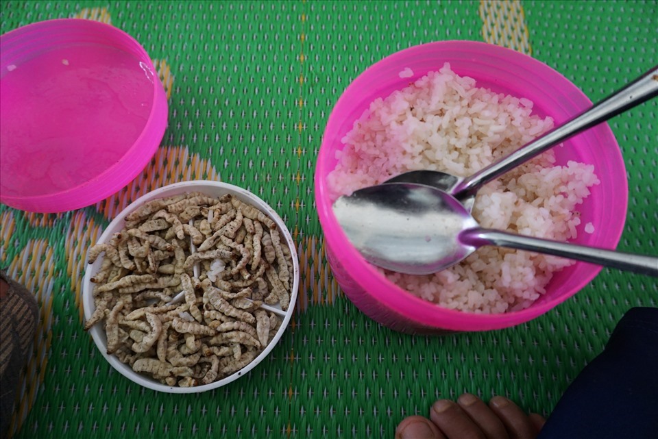 Bữa trưa chỉ cơm trắng với con nhộng đất của học sinh trường Măng Cành. Ảnh T.T