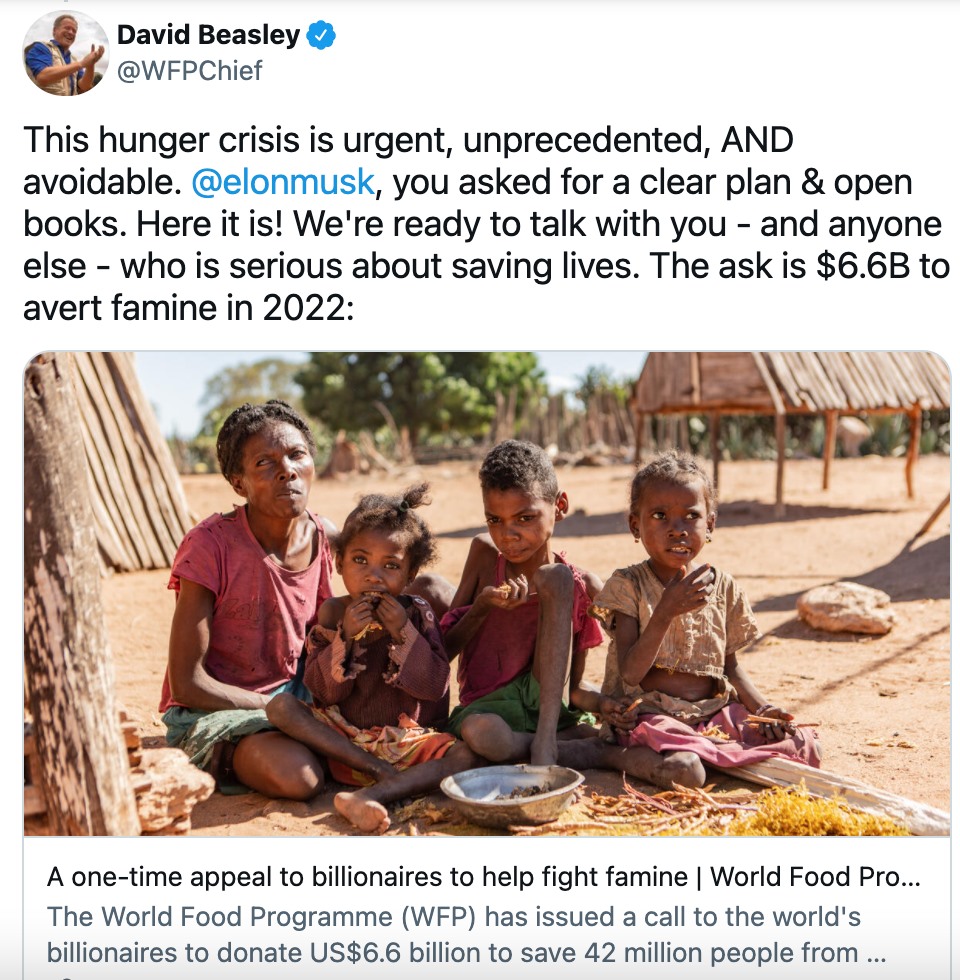 Giám đốc WFP David Beasley viết trên Twitter phản hồi yêu cầu của Elon Musk. Ảnh chụp màn hình
