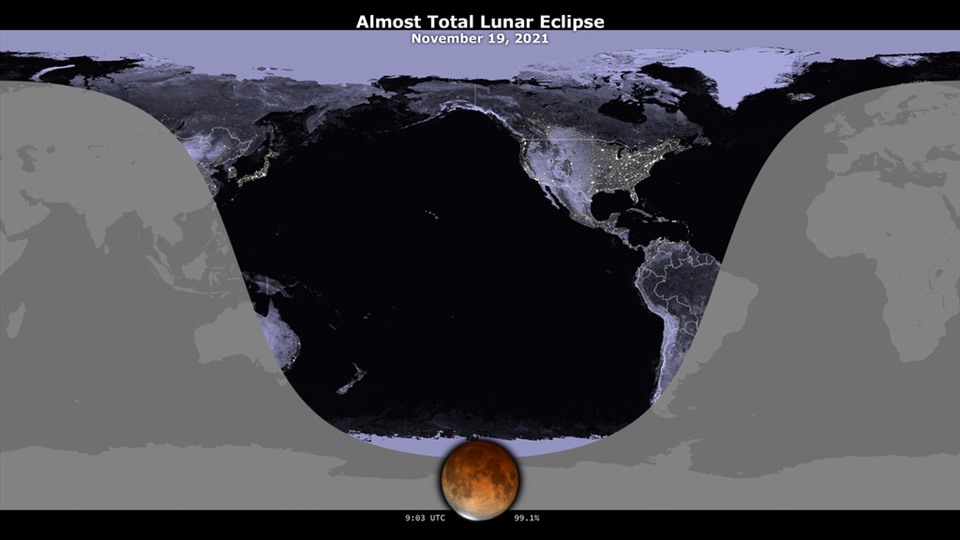 Bản đồ thế giới hiển thị nơi có thể quan sát nhật thực ngày 19.11 (vùng màu xám) vào thời điểm rõ ràng nhất. Nguyệt thực tuần này là nguyệt thực một phần dài nhất thế kỷ 21. Ảnh: NASA