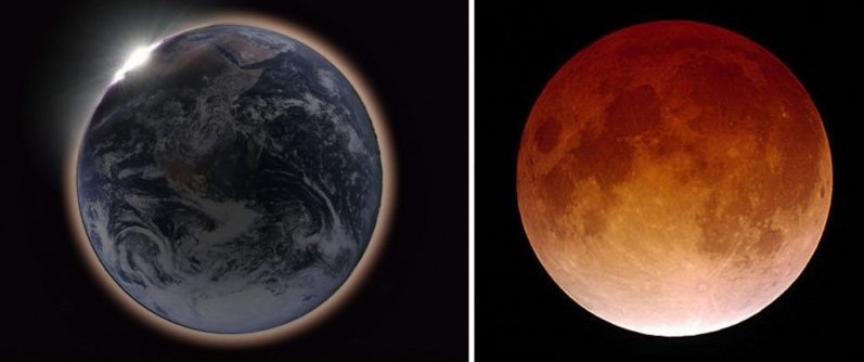 Trái đất và Mặt trăng vào thời điểm xảy ra nguyệt thực. Ảnh: NASA, JAXA