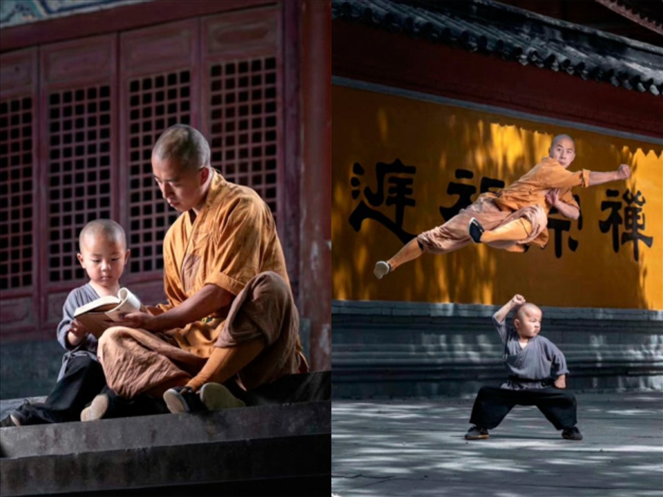 Thầy trò Thích Diên Điện và Tam Bảo tập luyện võ công. Ảnh: Sina
