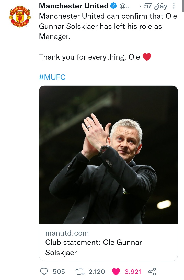 Thông báo chính thức trên trang Twitter của Manchester United.