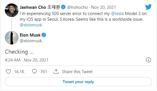 Đích thân CEO của Tesla trả lời phàn nàn của khách hàng trên mạng xã hội Twitter. Ảnh chụp màn hình.