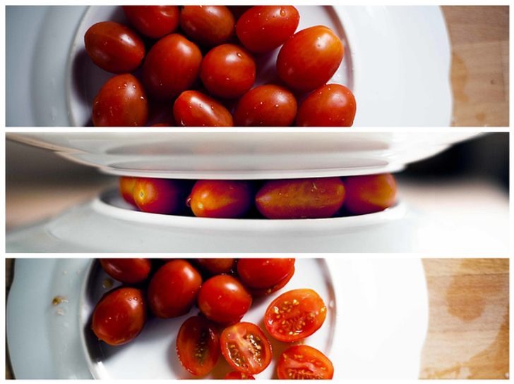 1. Cà chua bi  Thủ thuật thưởng thức là nhẹ nhàng ép cà chua vào giữa hai đĩa, sau đó dùng dao sắc cắt lát. Phương pháp tương tự có thể được sử dụng với nho.