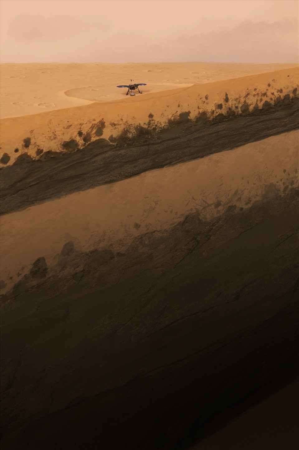 Ảnh minh họa toàn cảnh bề mặt nông bên dưới tàu đổ bộ InSight của NASA trên sao Hỏa. Ảnh: ETH Zurich/NASA