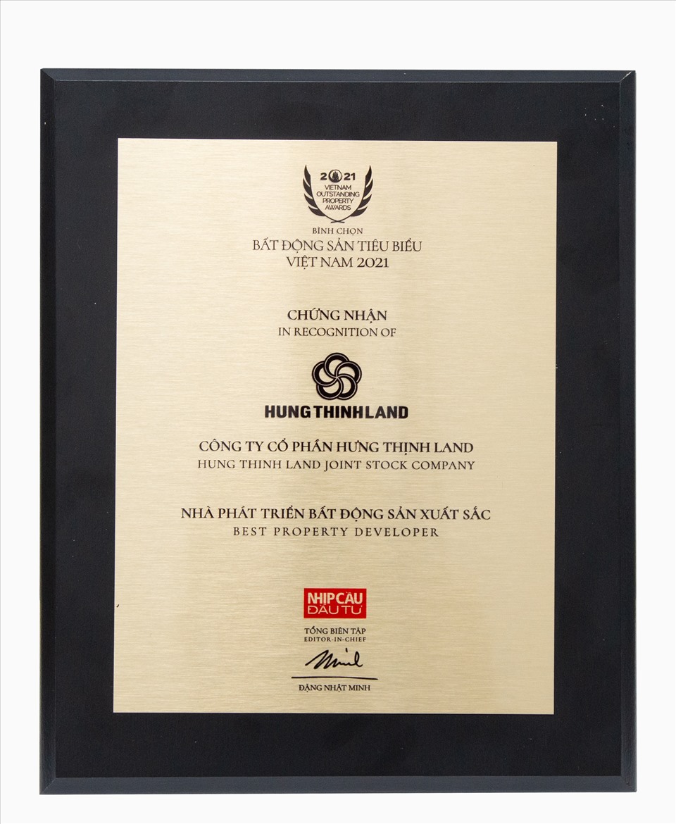Chứng nhận giải thưởng “Nhà phát triển Bất động sản xuất sắc 2021” dành cho Hưng Thịnh Land