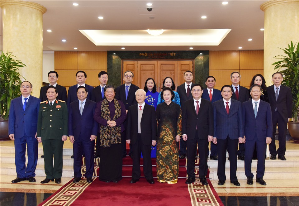 Tổng Bí thư Nguyễn Phú Trọng và các đồng chí lãnh đạo, nguyên lãnh đạo Đảng, Nhà nước tại buổi lễ. Ảnh: Nguyễn Hoàng