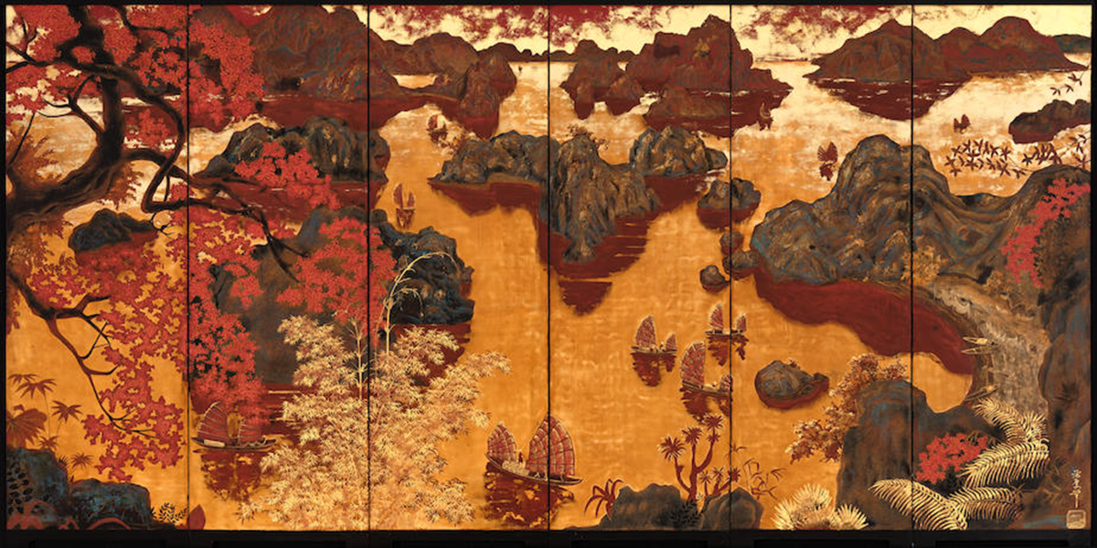 “Hoàng hôn vàng trên vịnh Hạ Long” chất liệu sơn mài, bột và vàng lá trên gỗ, gồm sáu tấm kèm khung với kích thước 100x198 cm. Ảnh: Bonhams