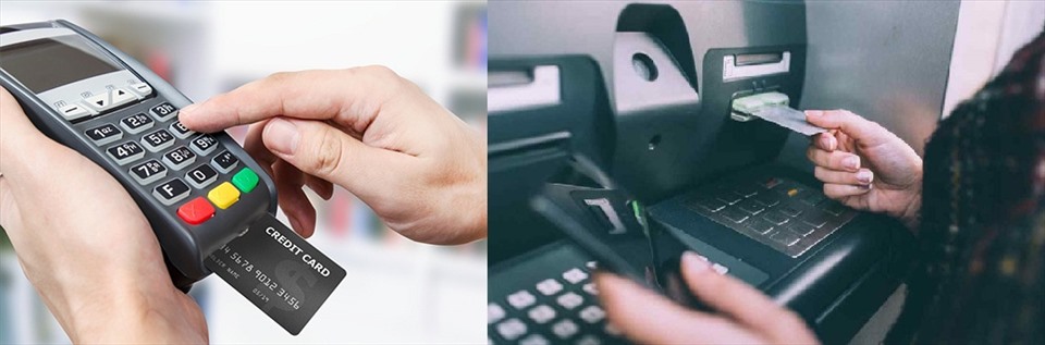 Dùng thẻ ATM gắn chip rút tiền tại cây ATM hoặc đưa mặt thẻ chip chạm lên máy POS để thực hiện giao dịch. Đồ họa: M.H