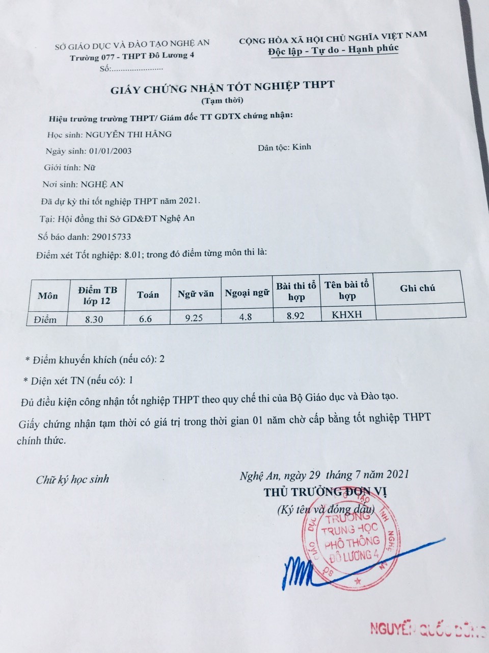 Giấy chứng nhận kết quả thi tốt nghiệp THPT của thí sinh Nguyễn Thị Hằng. Ảnh: QĐ