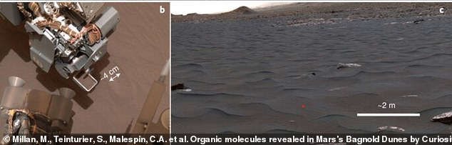 Tàu thám hiểm sao Hỏa Curiosity thu thập mẫu đất từ Bagnold Dune trong miệng núi lửa Gale. Ảnh: NASA
