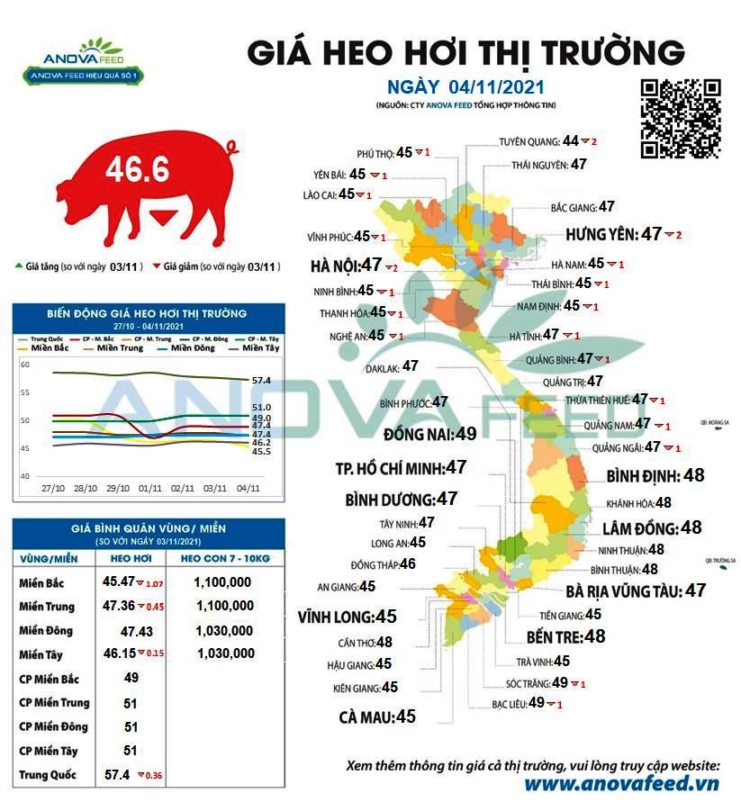 Giá lợn hơi ngày 4.11 tiếp tục giảm thêm 1.000-2.000 đồng/kg. Nguồn: Anova Feed