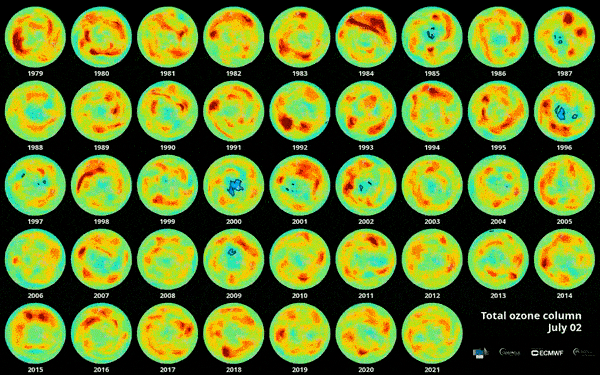 Lỗ thủng tầng ozone phía trên Nam Cực từ năm 1979-2021. Ảnh: Copernicus ECMWF