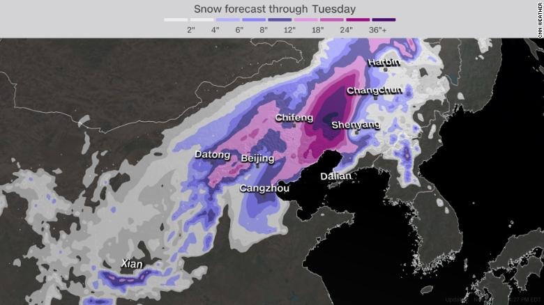 Dự báo tuyết rơi ở các khu vực của Trung Quốc đến ngày 9.11. Ảnh: CNN Weather