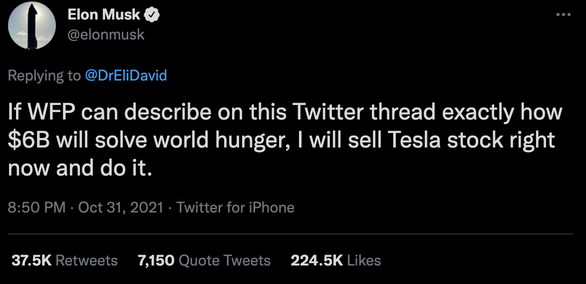 Elon Musk muốn Chương trình Lương thực thế giới chỉ ra bằng cách nào có thể chấm dứt nạn đói với 6 tỉ USD và phải “sao kê” minh bạch trong chi tiêu. Ảnh chụp màn hình