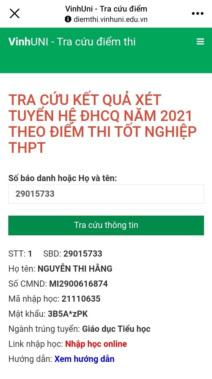 Mã số nhập học của thí sinh Nguyễn Thị Hằng. Ảnh: HĐ