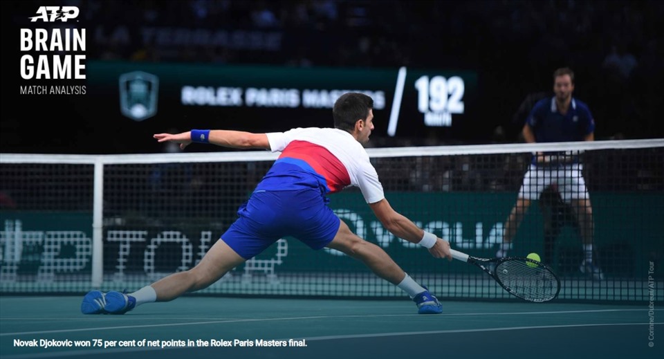Lên lưới ghi điểm là một điểm rất “bất thường” của Djokovic trong trận chung kết với Daniil Medvedev. Ảnh: ATP Tour