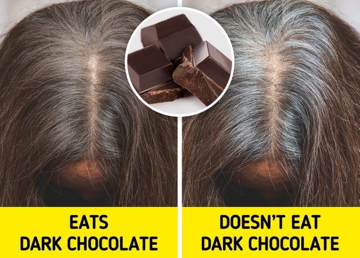 6. Ăn sô cô la đen Sô cô la đen đã được chứng minh là rất hữu ích để ngăn chặn tình trạng bạc sớm. Sô cô la đen có nhiều dưỡng chất đóng vai trò rất quan trọng trong việc giữ gìn sắc tố tóc.