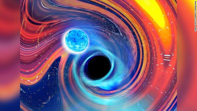 Sóng hấp dẫn cũng được tạo ra từ va chạm giữa hố đen và sao neutron như trong ảnh. Ảnh: Đại học Swinburne