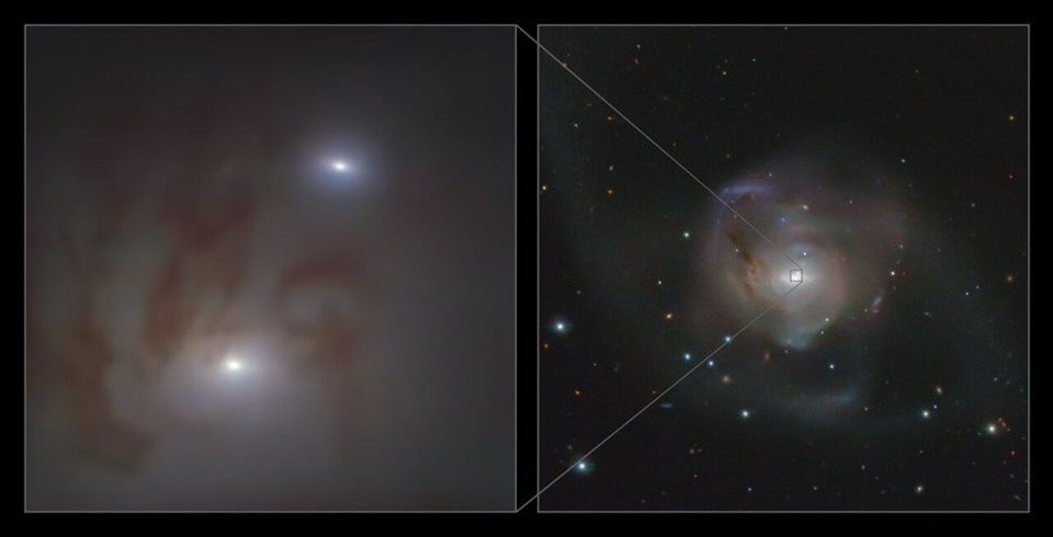 Hình ảnh này cho thấy tầm nhìn cận cảnh (trái) và rộng (phải) của 2 hạt nhân thiên hà phát sáng trong NGC 7727. Ảnh: ESO/Voggel et al.; ESO/VST ATLAS team.