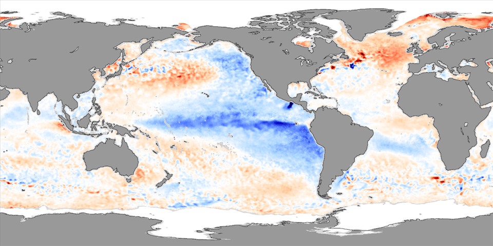 Nhiệt độ bề mặt nước biển bất thường vào tháng 11.2007 do ảnh hưởng của La Nina. Ảnh: Đài quan sát Trái đất của NASA
