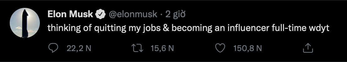 Dòng tweet của tỉ phú Elon Musk mới đây. Ảnh chụp màn hình