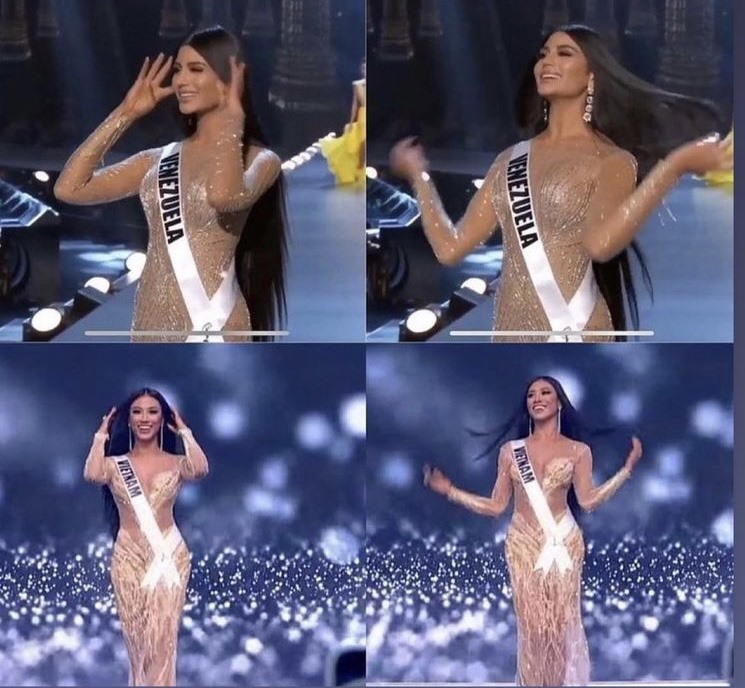 Phóng cách trình diễn của Kim Duyên bị cho bắt chước với Miss Venezuela. Ảnh: CMH