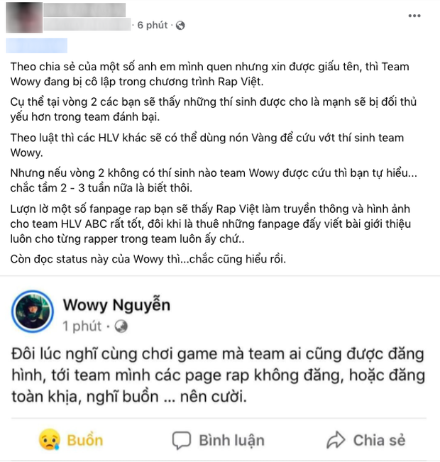 Thông tin Wowy bị cô lập ở Rap Việt được nhiều người chia sẻ. Ảnh: CMH