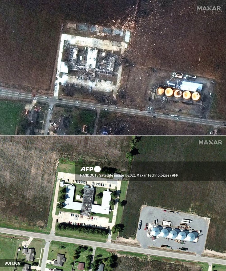 Ảnh vệ tinh của Maxar Technologies cho thấy sự tàn phá của lốc xoáy tại nhà dưỡng lão Monette Manor ngày 11.12.2021 (ảnh trên) ở Monette, Arkansas và trước cơn lốc xoáy vào ngày 22.2 .2021. Ảnh: AFP/Maxar