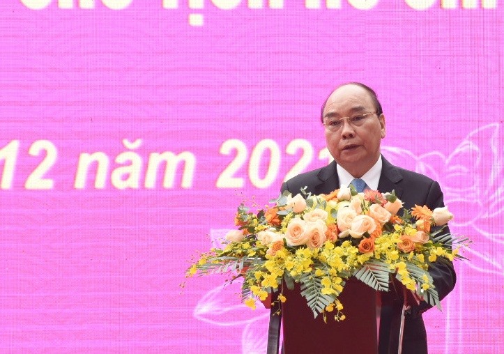 Chủ tịch nước Nguyễn Xuân Phúc phát biểu tại Lễ kỉ niệm 60 năm Bác Hồ về thăm quê lần thứ 2. Ảnh: QĐ