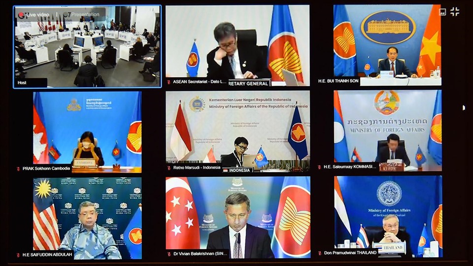 Hội nghị Bộ trưởng Ngoại giao ASEAN-G7 theo hình thức trực tuyến. Ảnh: BNG